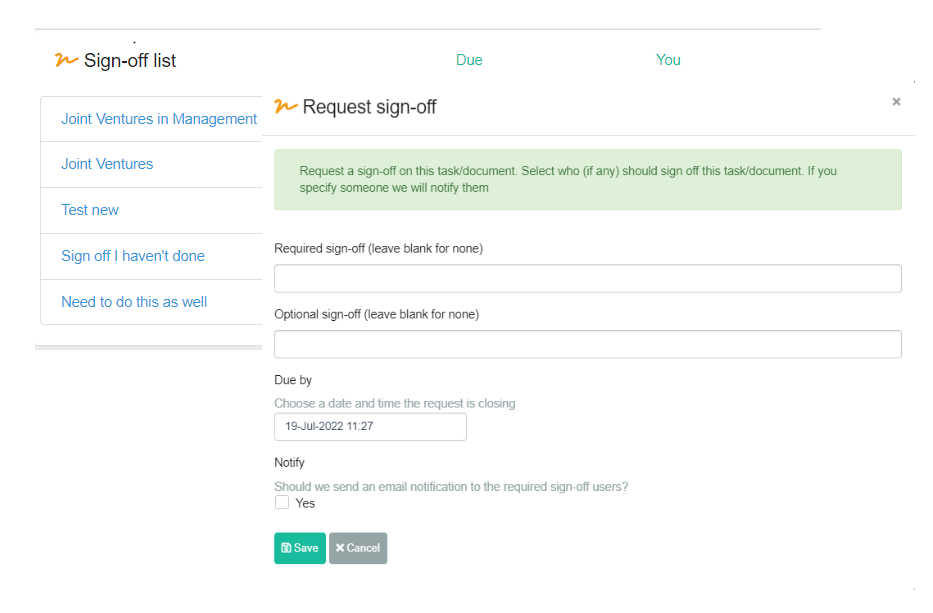 sign off an event, task or document